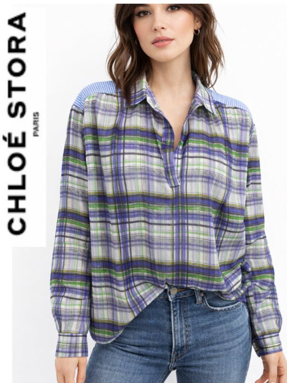CHLOE STORA Plaid Blouse Purple Green Relaxed Fit Shirt Preppy Chic Designer